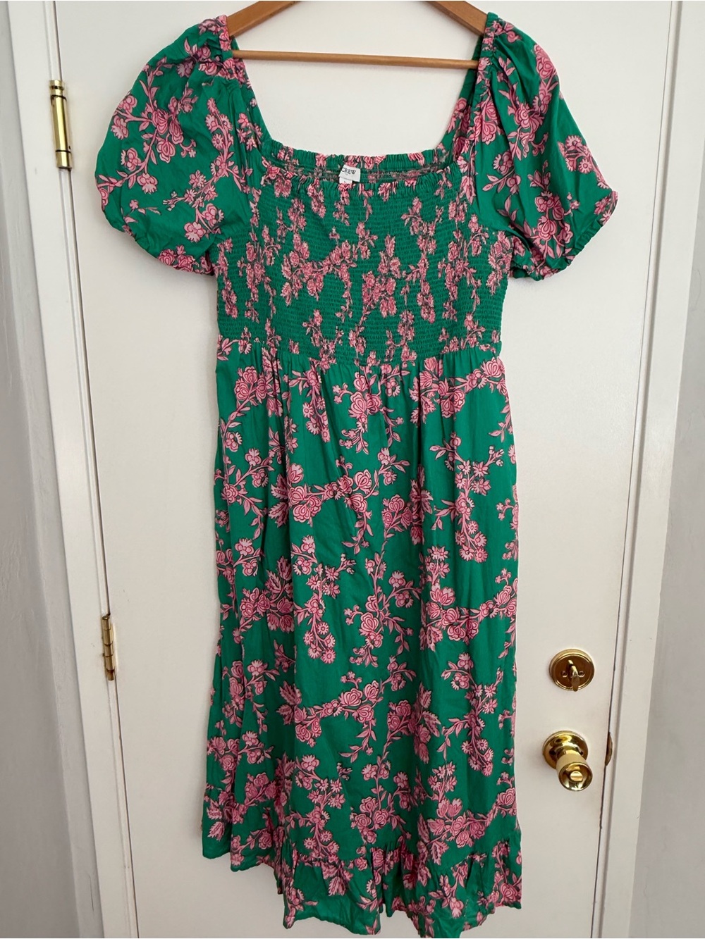 J. Crew Green Midi Dress with Pink Floral Motif